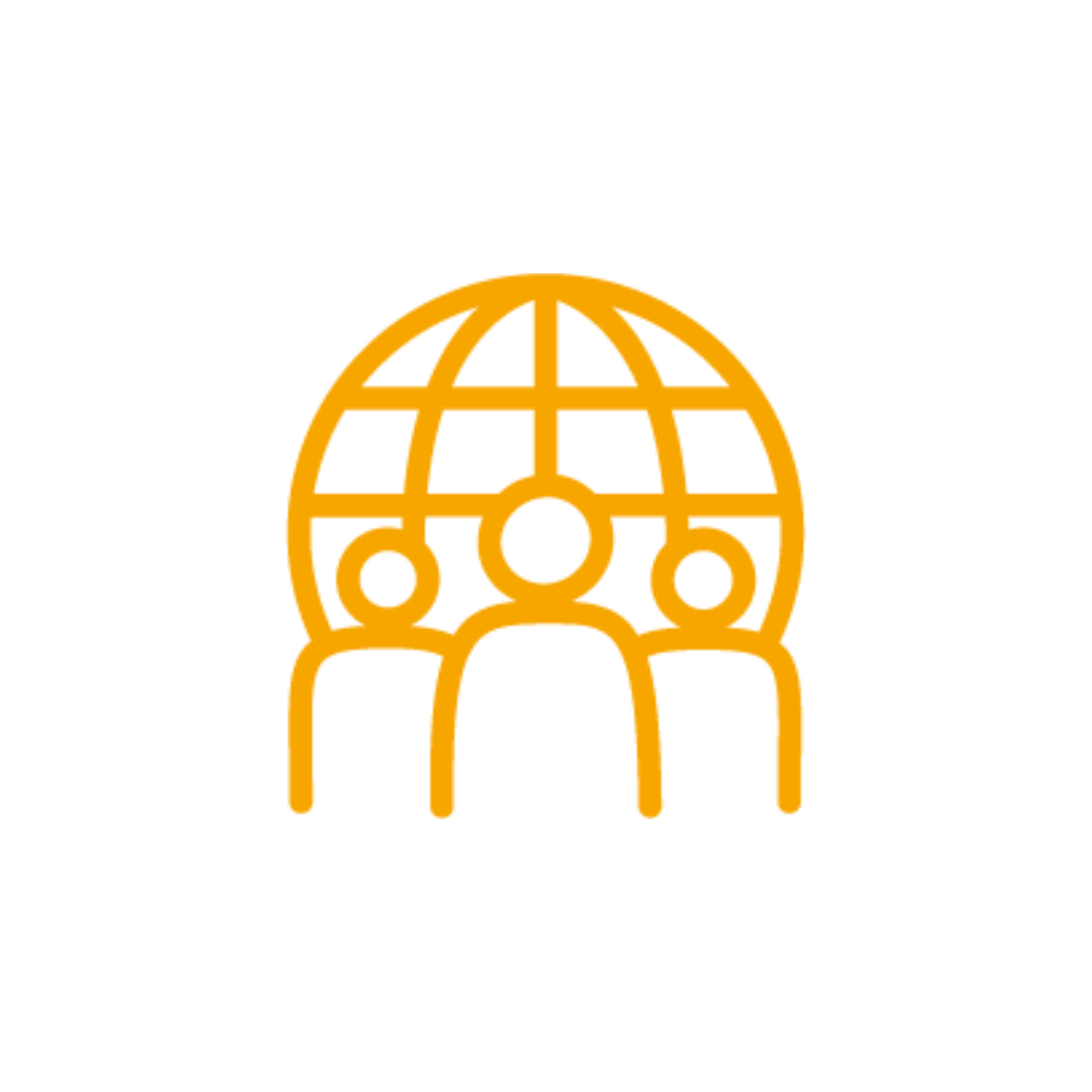 Orange symbol with a group of people in front of a globe