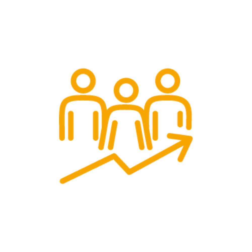 Orange symbol with a group of people behind an ascending arrow