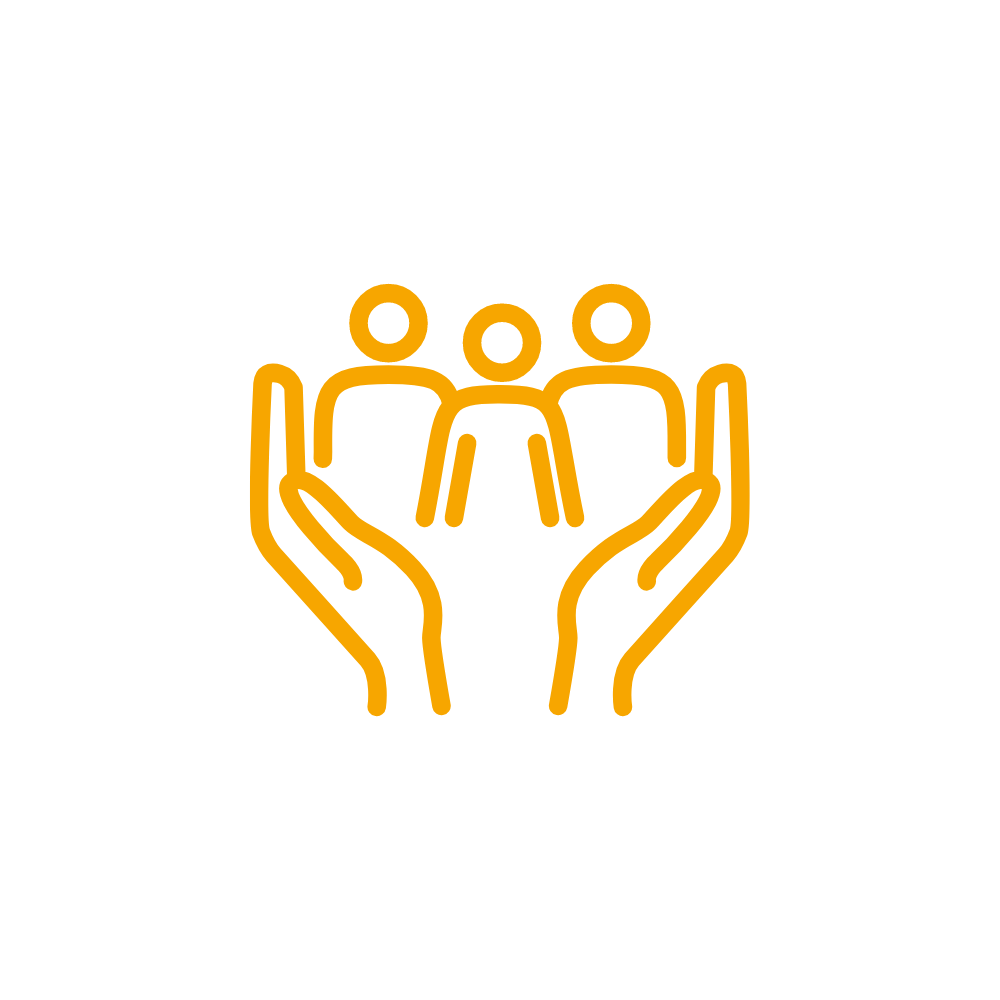 Orange symbol showing protective hands with people in the center