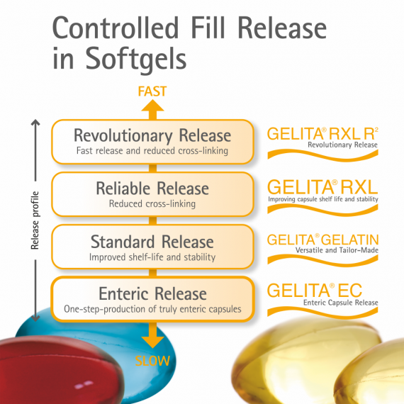 GELITA’s controlled release portfolio allows you to precisely determine where and when in the human body the fill of your Softgel will be released.